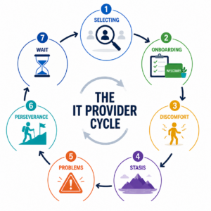 The IT Provider Cycle diagram showing 7 stages: Selecting, Onboarding, Discomfort, Stasis, Problems, Perseverance, Wait